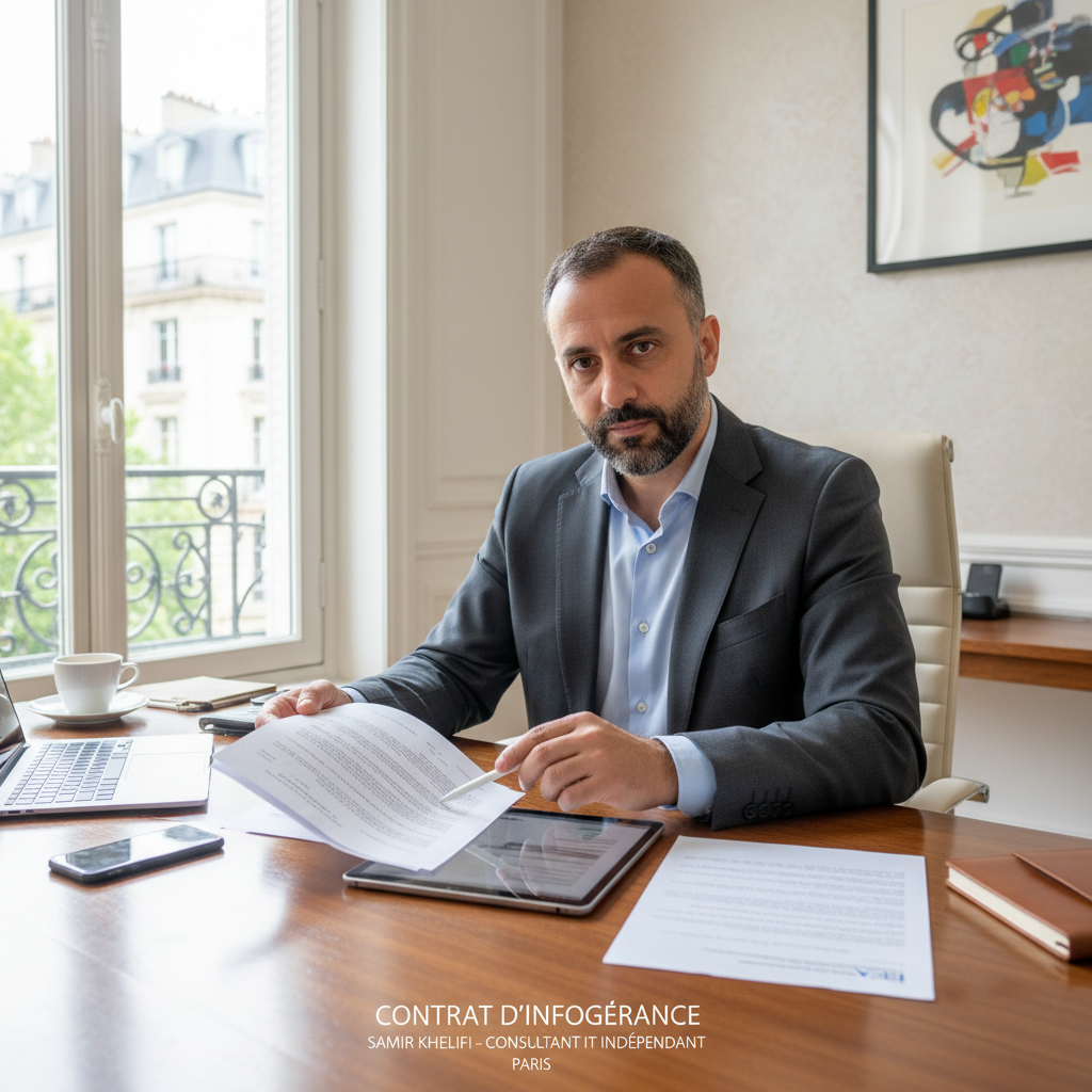 Samir Khelifi, consultant IT indépendant à Paris, analysant un contrat d'infogérance